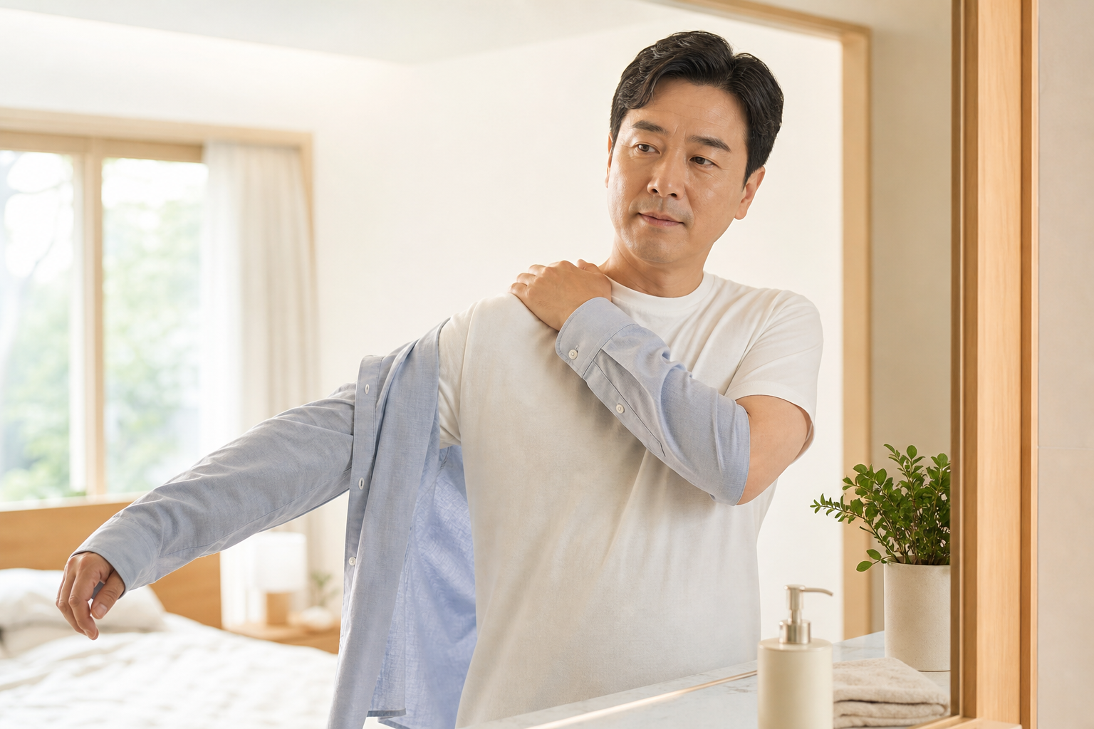 옷 입을 때 머리 감을 때 어깨가 딱! 굳어 안 올라간다면? 상단 이미지